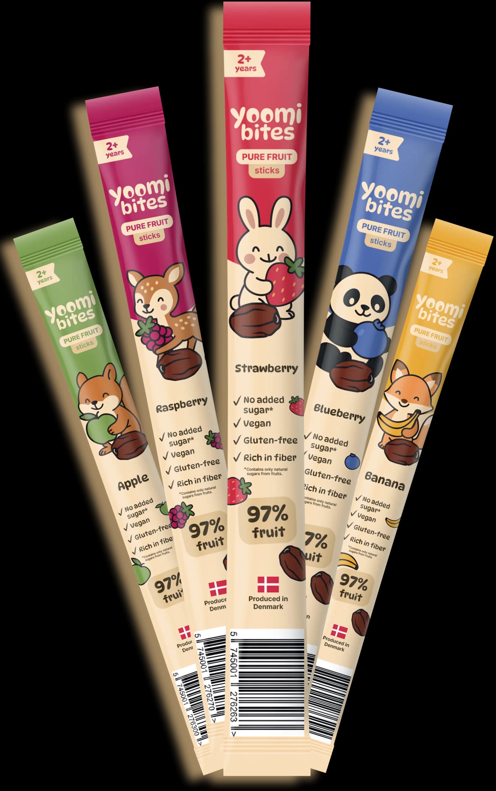 Yoomi Bites Pure Fruit sticks: Apple, Raspberry, Strawberry, Blueberry and Banana